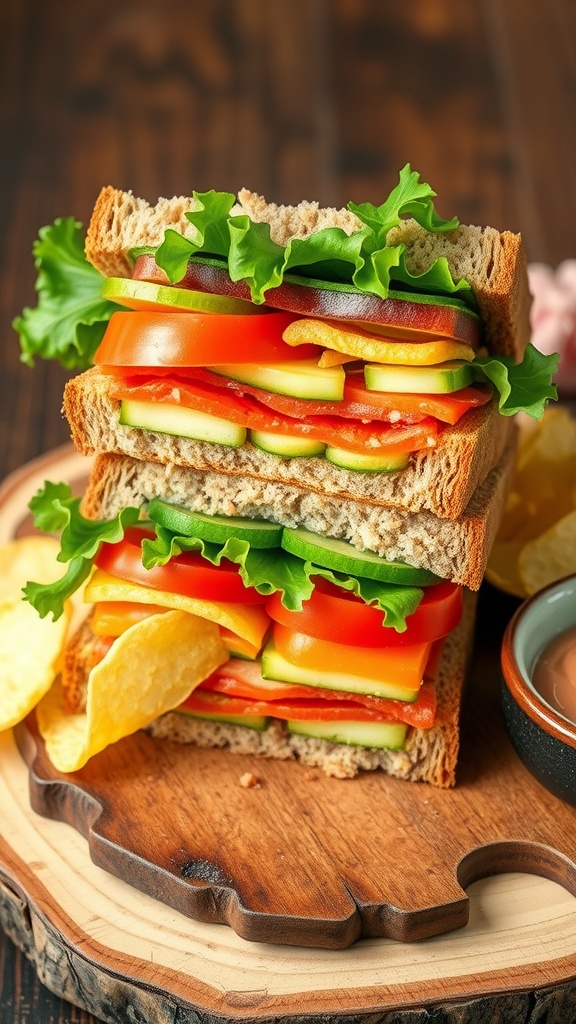 A fresh vegetable sandwich with lettuce, tomatoes, cucumbers, and bell peppers on whole grain bread, served on a wooden board with chips.